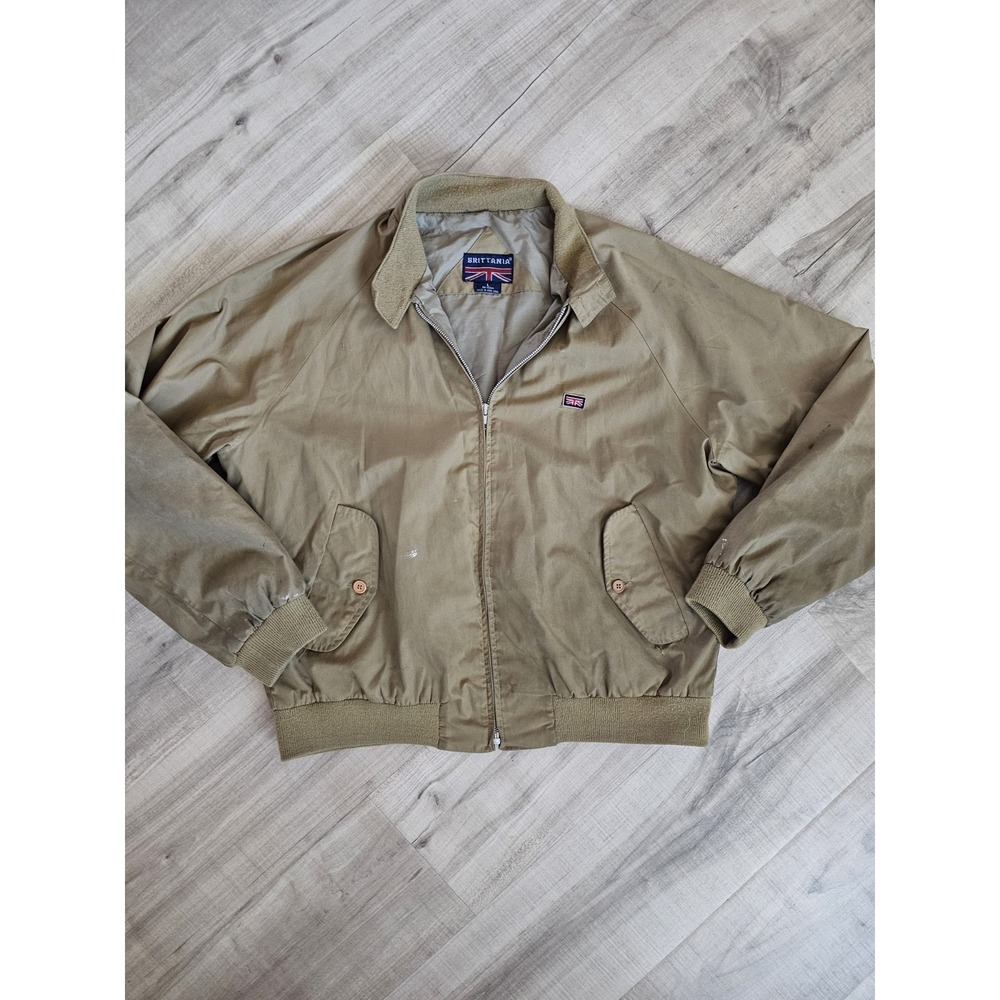 Brittania Men's Brown/Tan Bomber Jacket Full Zip Logo Patch Point Collar Size L